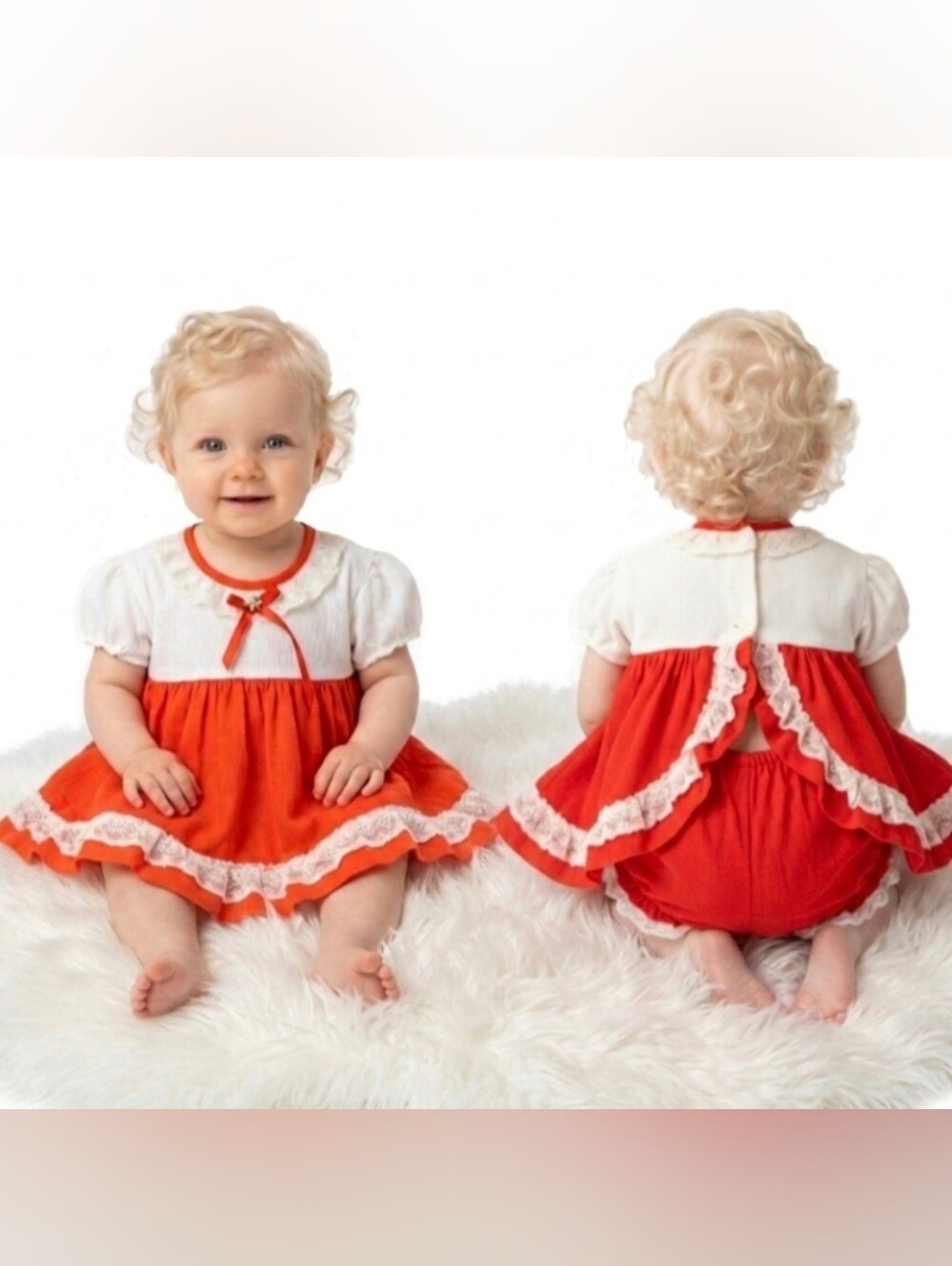 Vtg 70s jc penney red white lace embroidered flower frilly Christmas dress 6-9mo